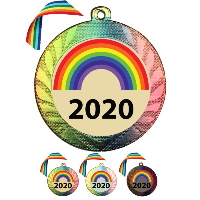 LARGE 70MM RAINBOW COLOURED MEDAL & RAINBOW RIBBON  - LOCKDOWN 2021 GOLD, SILVER OR BRONZE